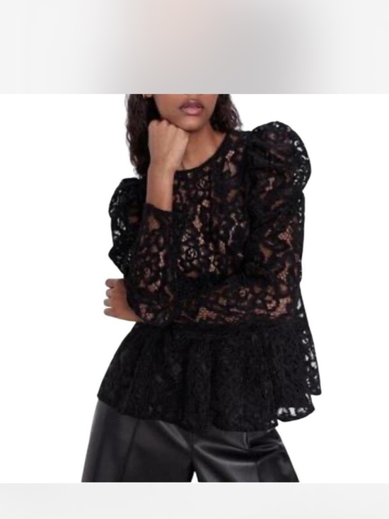 Zara Tops - Zara Black Floral Lace Puff-Sleeve Empire Waist Peplum Top, Size Small